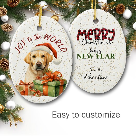 Yellow Lab Cadeaubox Joy to the World Holiday Keramisch Ornament