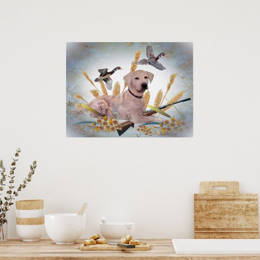 Yellow Lab Hunts Ducks Print (Keuken)