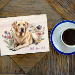 Yellow Lab in Wildflowers Hello Personalized Briefkaart<br><div class="desc">Yellow lab dog lover postcard with custom text on the front.  Send a note that begins with,  "Hello from .. name" in dark purple script.  Continue your message on the back with your own handwriting.  Light brown wood boards background,  with a sweet labrador retriever lying among the wildflowers.</div>