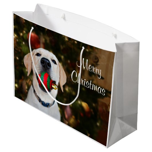 Yellow lab-kerstbal large cadeautasje (Achterkant Gekanteld)