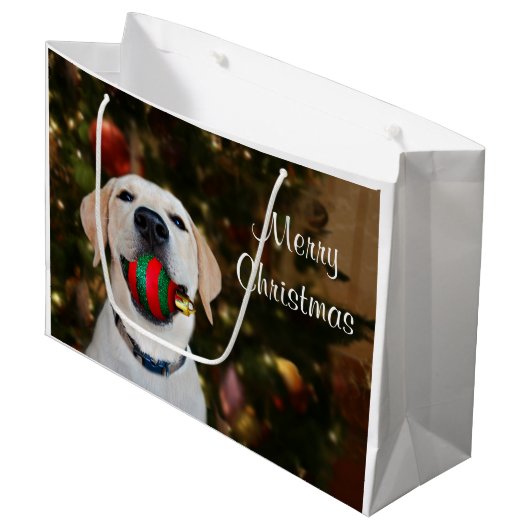 Yellow lab-kerstbal large cadeautasje (Voorkant Gekanteld)