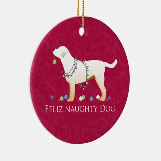 Yellow Lab Kerstmis Feliz Naughty Dog Keramisch Ornament (Rechts)