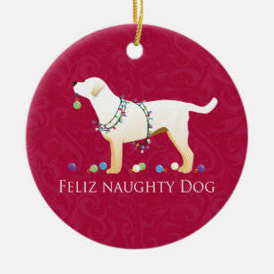 Yellow Lab Kerstmis Feliz Naughty Dog Keramisch Ornament