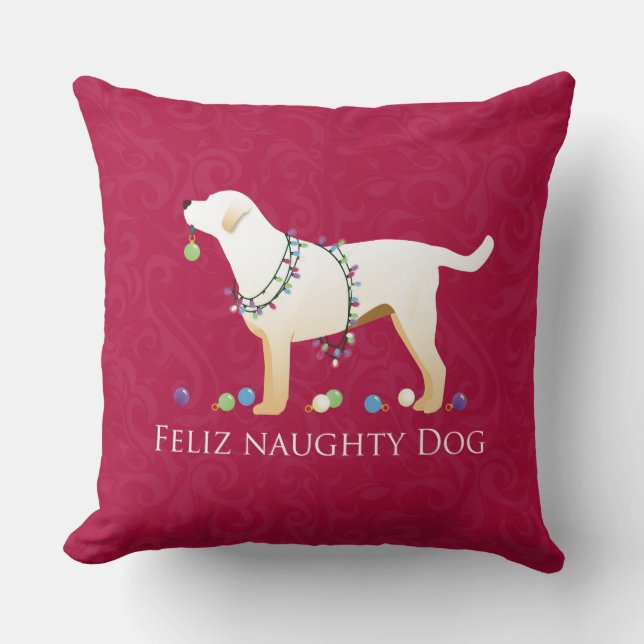 Yellow Lab Kerstmis Feliz Naughty Dog Kussen (Voorkant)