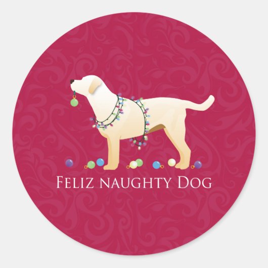Yellow Lab Kerstmis Feliz Naughty Dog Ronde Sticker (Voorkant)