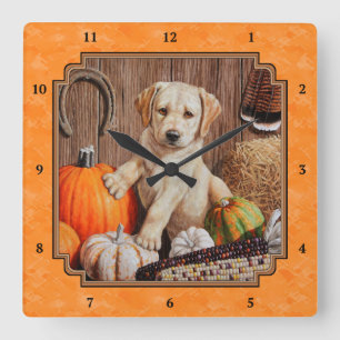 Yellow Lab Pup en Pumpkin Harvest Oranje Vierkante Klok