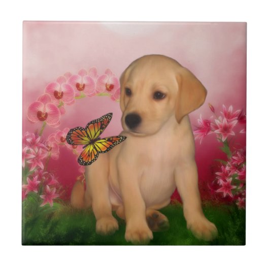 Yellow Lab Puppy Butterflies Dog Tegeltje (Voorkant)