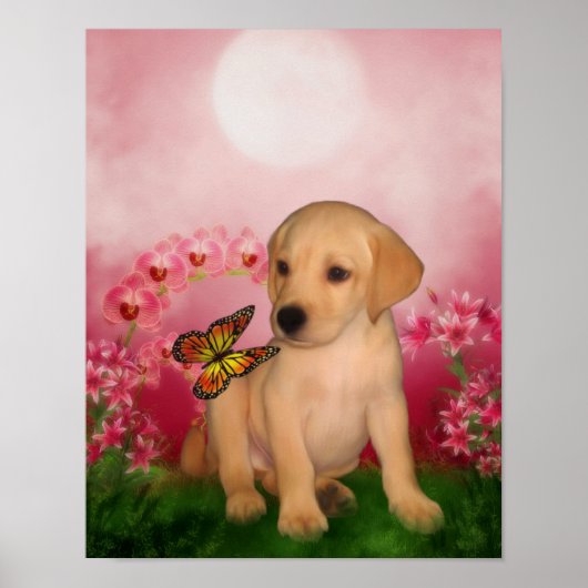 Yellow Lab Puppy Butterfly Lily Flowers Dog Art Poster (Voorkant)