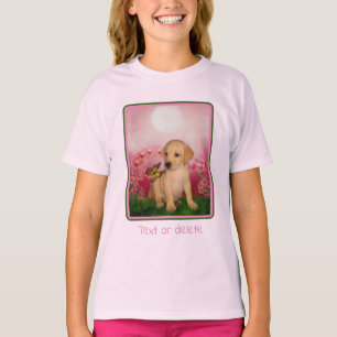 Yellow Lab Puppy Butterfly Lily Flowers Dog Art T-shirt