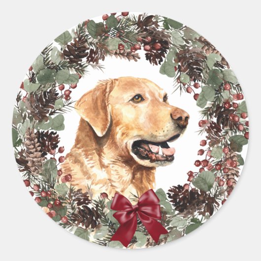 Yellow Lab Red Bow Pinecone Wreater Kerstmis Ronde Sticker (Voorkant)