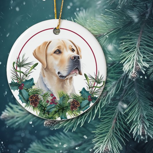 Yellow Lab Retriever Evergreen Berry krans Keramisch Ornament
