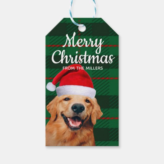 Yellow Lab Santa met Groen Plaid Schattige Kerstmi Cadeaulabel (Voorkant)