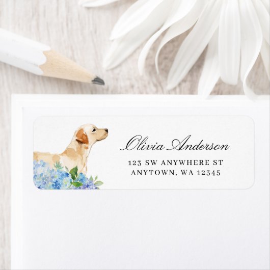 Yellow Labrador Blue Hydrangea Retouradres Etiket (Insitu)