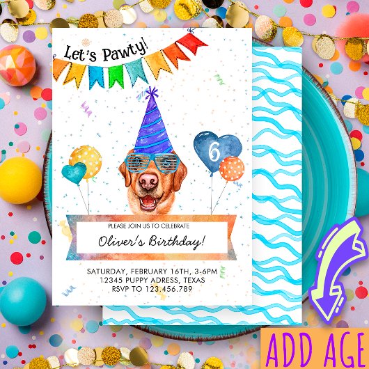 Yellow Labrador laat Pawty Dog Birthday Party Kaart