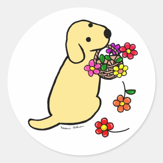 Yellow Labrador Puppy Bloemmand Cartoon Ronde Sticker (Voorkant)