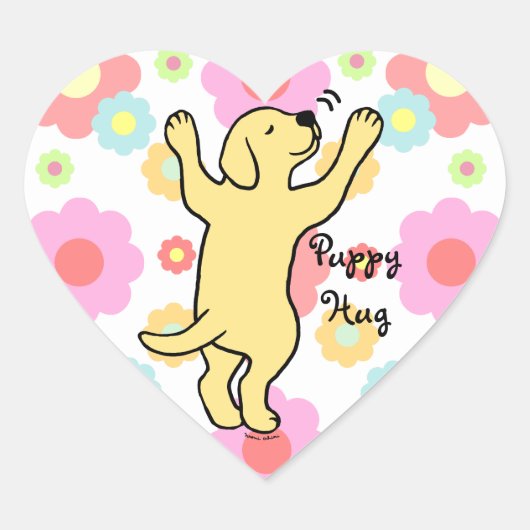 Yellow Labrador Puppy Hug Cartoon Floral Hart Sticker (Voorkant)