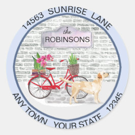 Yellow Labrador Retriever bicycle Address Moving   Ronde Sticker