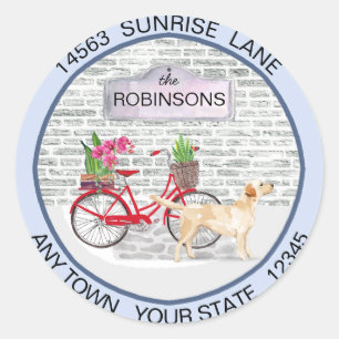 Yellow Labrador Retriever bicycle Address Moving   Ronde Sticker