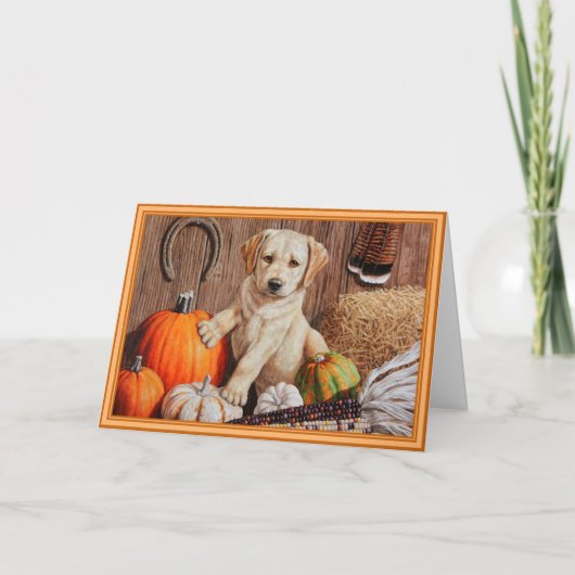 Yellow Labrador Retriever Puppy Dog Pumpkin Autumn Feestdagen Kaart (Voorkant)
