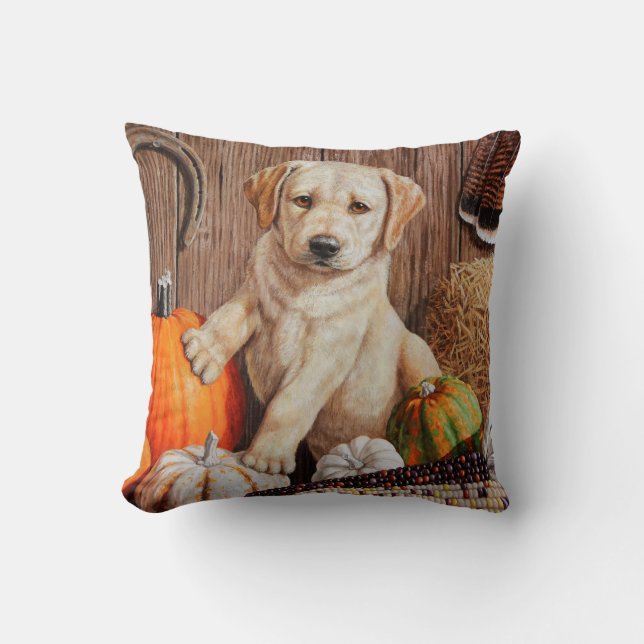 Yellow Labrador Retriever Puppy Dog Pumpkin Autumn Kussen (Voorkant)