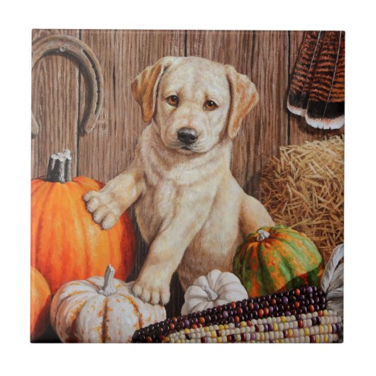 Yellow Labrador Retriever Puppy Dog Pumpkin Autumn Tegeltje (Voorkant)