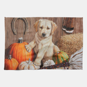 Yellow Labrador Retriever Puppy Dog Pumpkin Autumn Theedoek