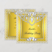 Yellow Lace Elegant Diamonds Silver Birthday Party Kaart (Voorkant / Achterkant)