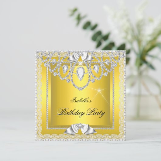 Yellow Lace Elegant Diamonds Silver Birthday Party Kaart (Staand voorkant)