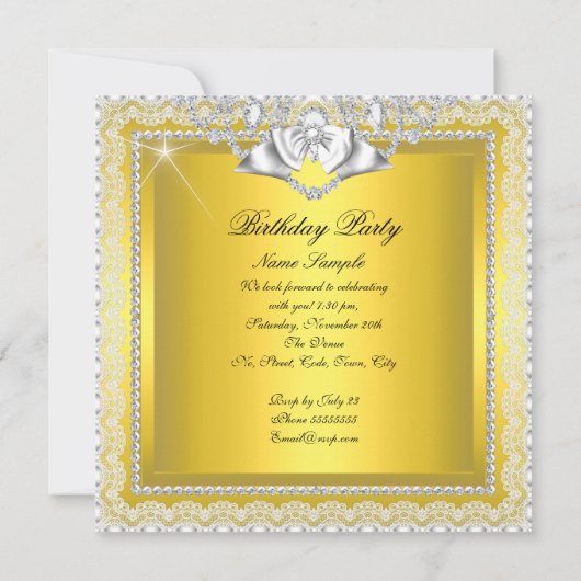 Yellow Lace Elegant Diamonds Silver Birthday Party Kaart (Achterkant)