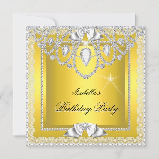 Yellow Lace Elegant Diamonds Silver Birthday Party Kaart (Voorkant)