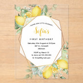 Yellow Lemon 1st Birthday Summer Party Acryl Uitnodigingen (Voorkant)