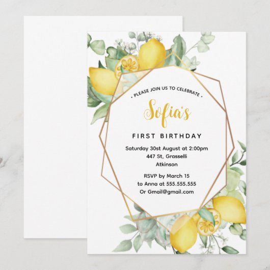 Yellow Lemon 1st Birthday Summer Party Kaart (Voorkant / Achterkant)