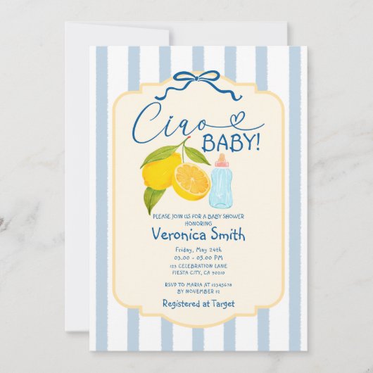 Yellow Lemon Blue Italy Ciao Baby shower Uitnodige Kaart (Voorkant)