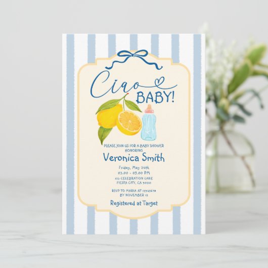 Yellow Lemon Blue Italy Ciao Baby shower Uitnodige Kaart (Staand voorkant)