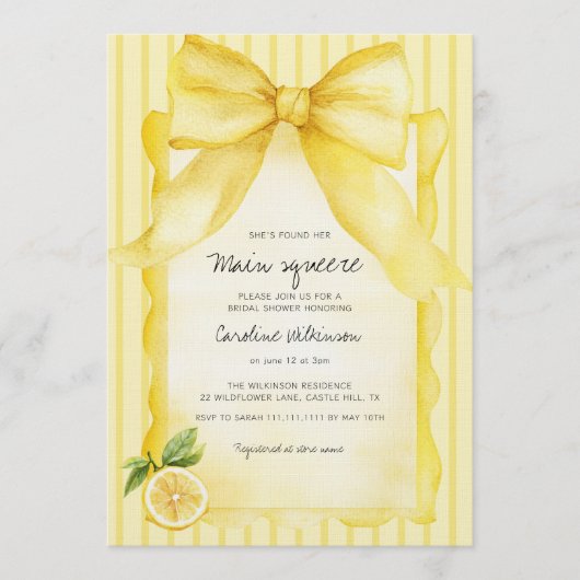 Yellow Lemon & Bow "Main Squeeze" Bridal Shower Kaart (Voorkant)