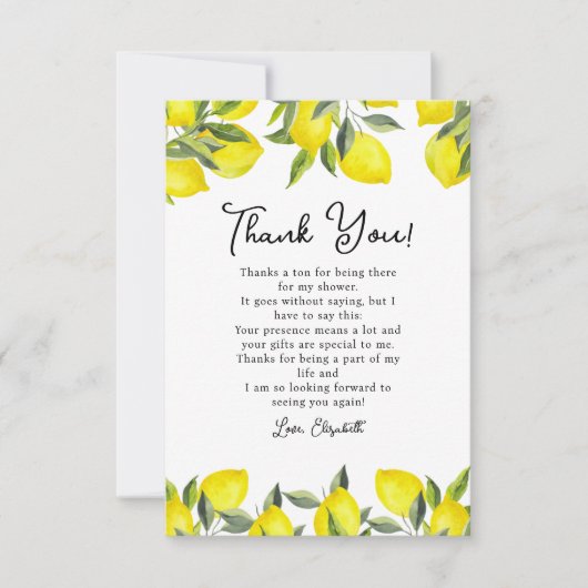 Yellow Lemon Bridal Shower Party Bedankkaart (Voorkant)