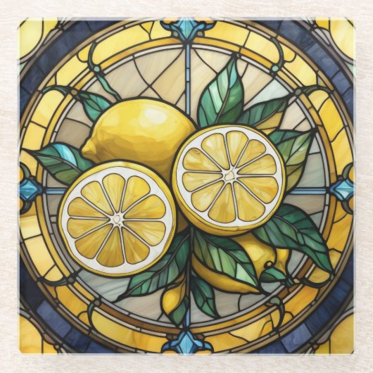 Yellow Lemon Circle Glas in lood Art Glazen Onderzetter (Voorkant)