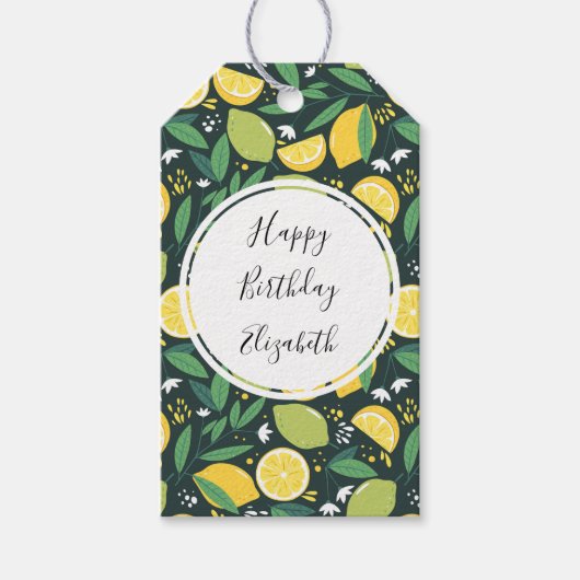 Yellow Lemon en Limoen Fruit Food Pattern Birthday Cadeaulabel (Voorkant)