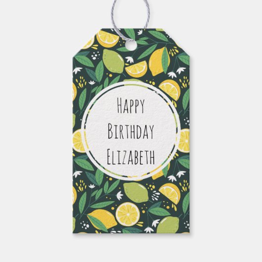 Yellow Lemon en Limoen Fruit Food Pattern Birthday Cadeaulabel (Voorkant)