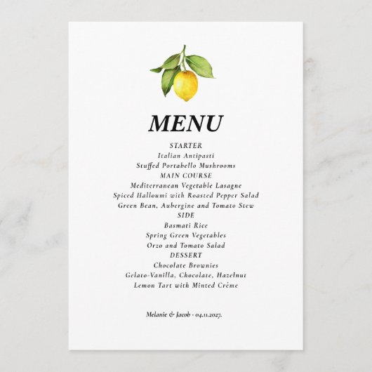 Yellow Lemon Wedding Menu (Voorkant)