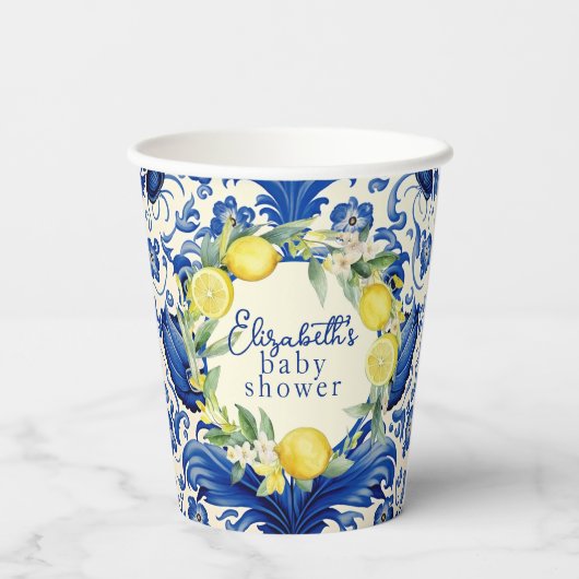 Yellow Lemons Blue Tegel Citroen Baby shower Papieren Bekers (Achterkant)