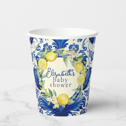 Yellow Lemons Blue Tegel Citroen Baby shower Papieren Bekers (Voorkant)