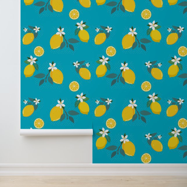 yellow lemons branches wallpaper behang (Applicatie)