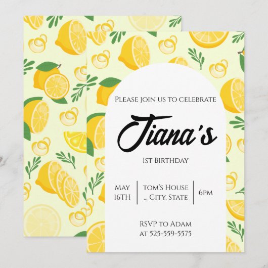 Yellow Lemons Pattern 1st Birthday Kaart (Voorkant / Achterkant)