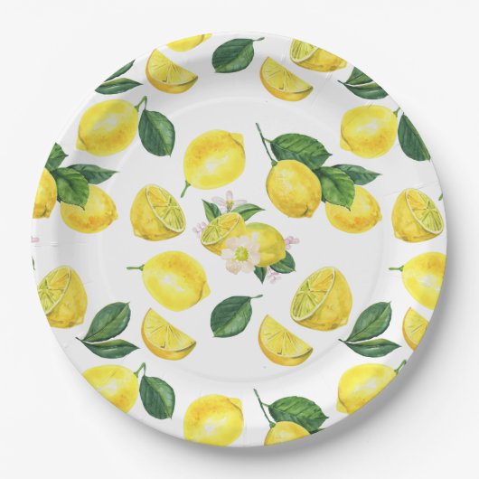 Yellow Lemons Watercolor Pattern Papieren Bordje (Voorkant)