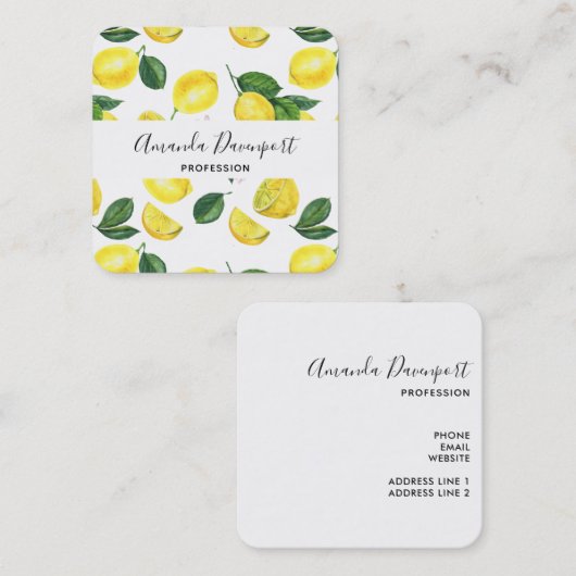 Yellow Lemons Watercolor Pattern Vierkante Visitekaartje (Voorkant / Achterkant)