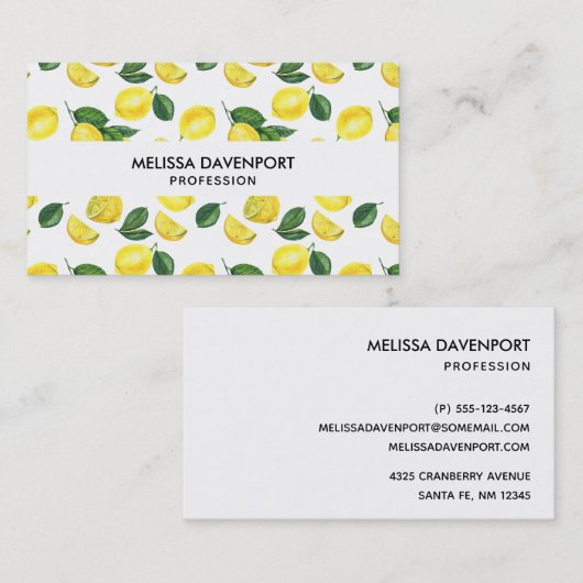 Yellow Lemons Watercolor Pattern Visitekaartje (Voorkant / Achterkant)