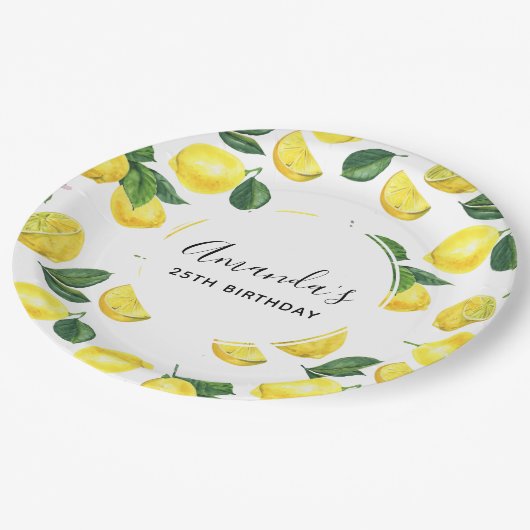 Yellow Lemons Waterverf Patroon Verjaardag Papieren Bordje (Gekanteld)