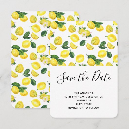 Yellow Lemons Waterverf Patroon Verjaardag Save The Date (Voorkant / Achterkant)