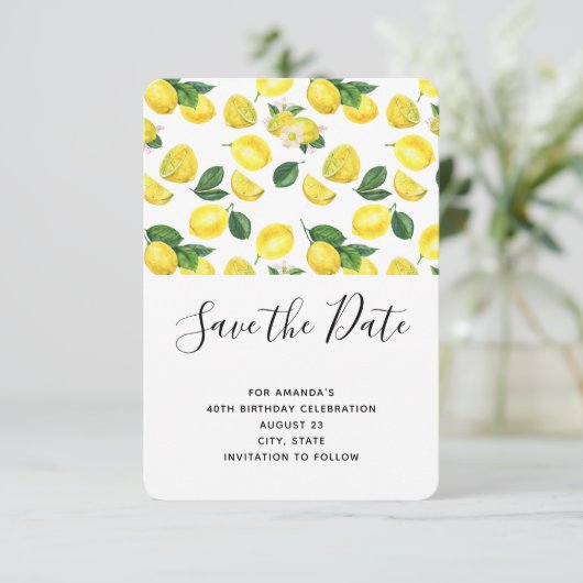Yellow Lemons Waterverf Patroon Verjaardag Save The Date (Staand voorkant)